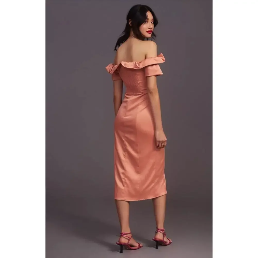 Anthropologie Ruffled Off-The-Shoulder Midi Dress Silky Side Slit Smocked Large - Picture 3 of 6